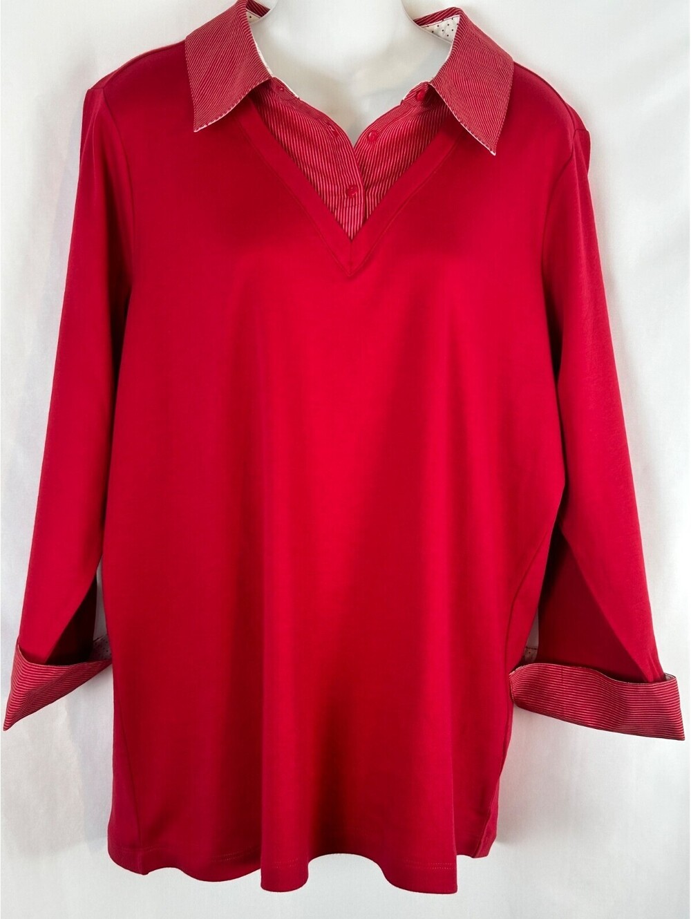 Denim & Co. 3/4 Sleeve Red Knit Top with Inset Collar   Size Large  NWOT